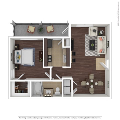 Floor plan for 1 bed, 1 bath, 726 sqft